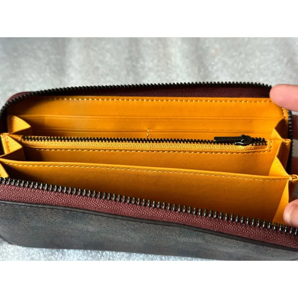 EUC Coach Signature Zip Around Wallet Brown Yellow Varsity Logo Mustard C4452